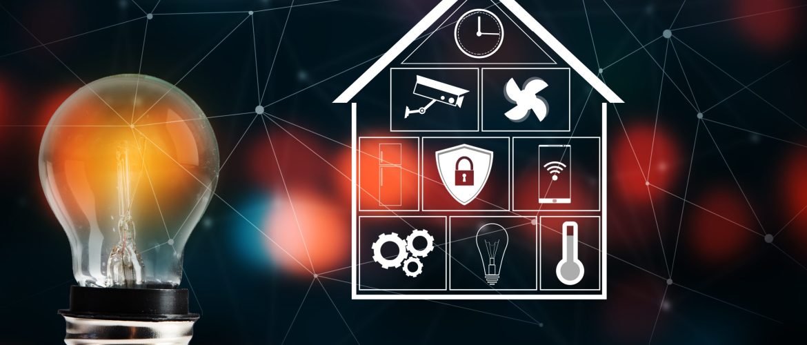 Smart home icons on virtual screen Smart home icons on virtual screen and light bulb